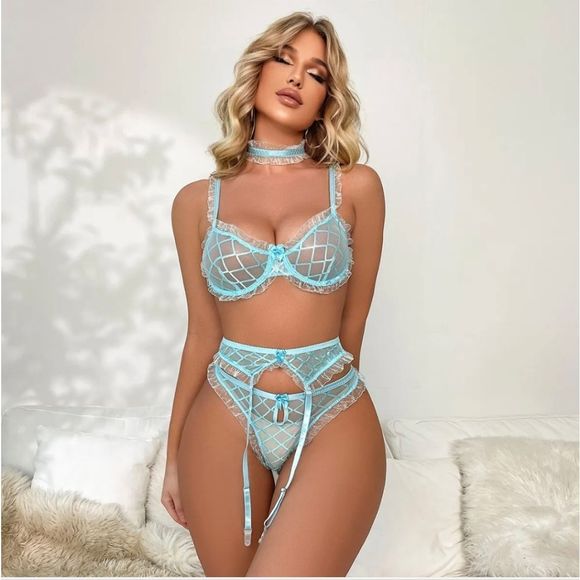 Blue-Sexy-Garter-Cutout-See-Through-Lingerie-Ruffle-Bikini-Bra-Set-With-Chocker  - Picture 1 of 10